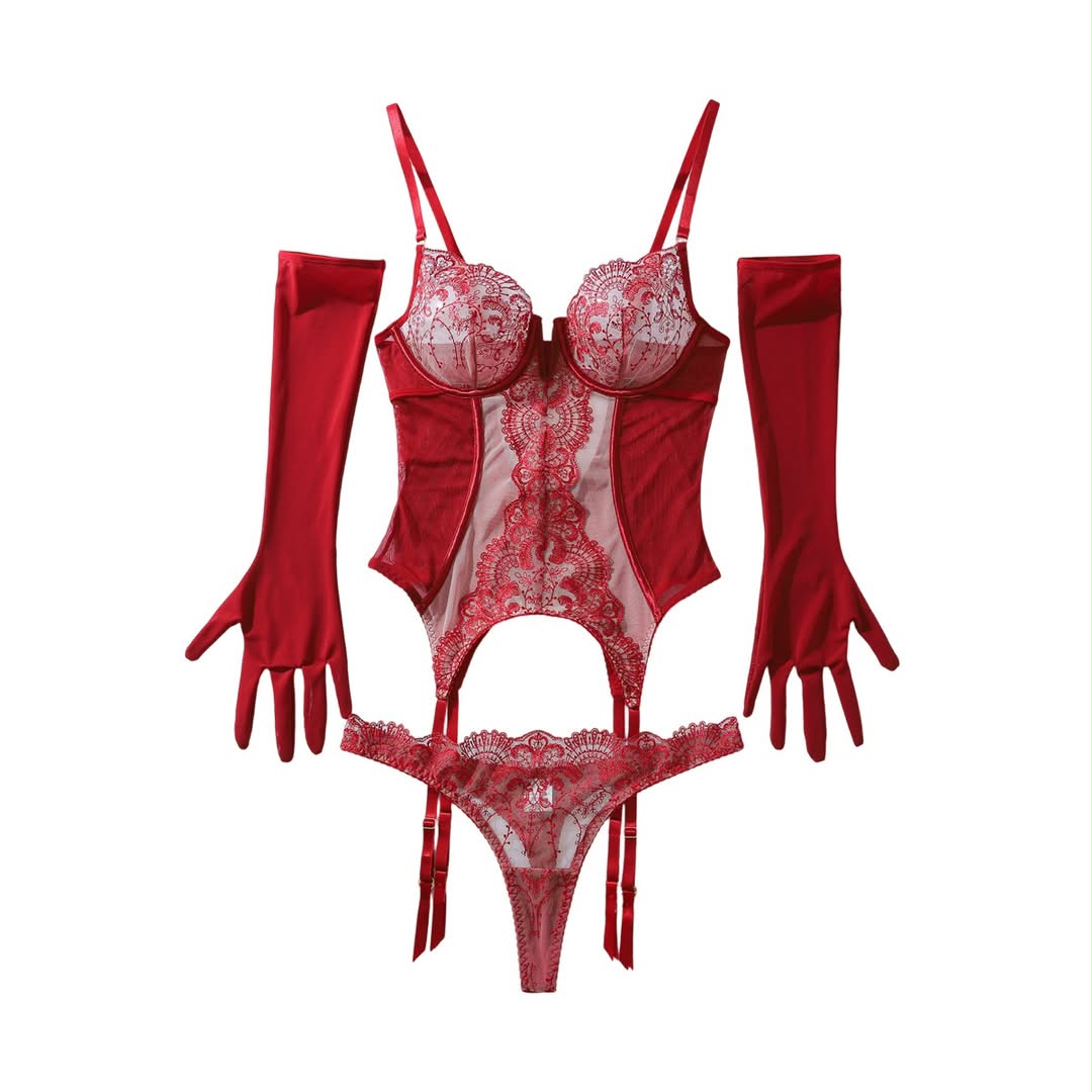Miravé – Luxuriöses Dessous-Set mit Spitze, Strapsen & Handschuhen